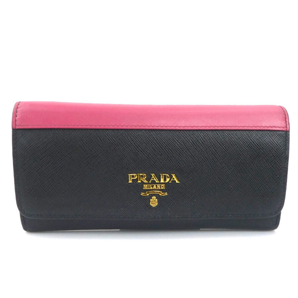 Prada Long Wallet Leather Black Pink Gold